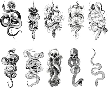 10 Sheets Snake Temporary Tattoos, Flower and Snake Tattoo Temporary Patterns Dark Mark Mamba Snake Temporary Tattoo Stickers waterproof lasting fake tattoos