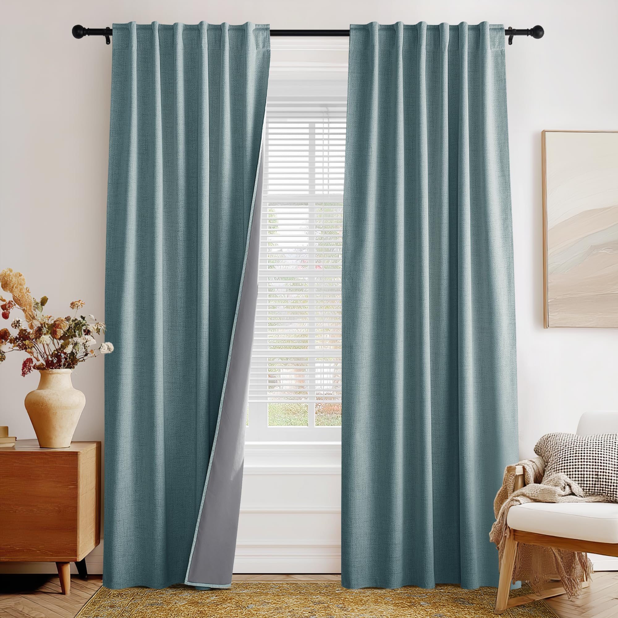 PONY DANCE Linen 100% Blackout Curtains 96 inches Long for Bedroom Living Room Darkening Full Black Out Rod Pocket Back Tab Textured Thermal Insulated Window Drapes, 2 Panels Set, Teal/Skylark Blue