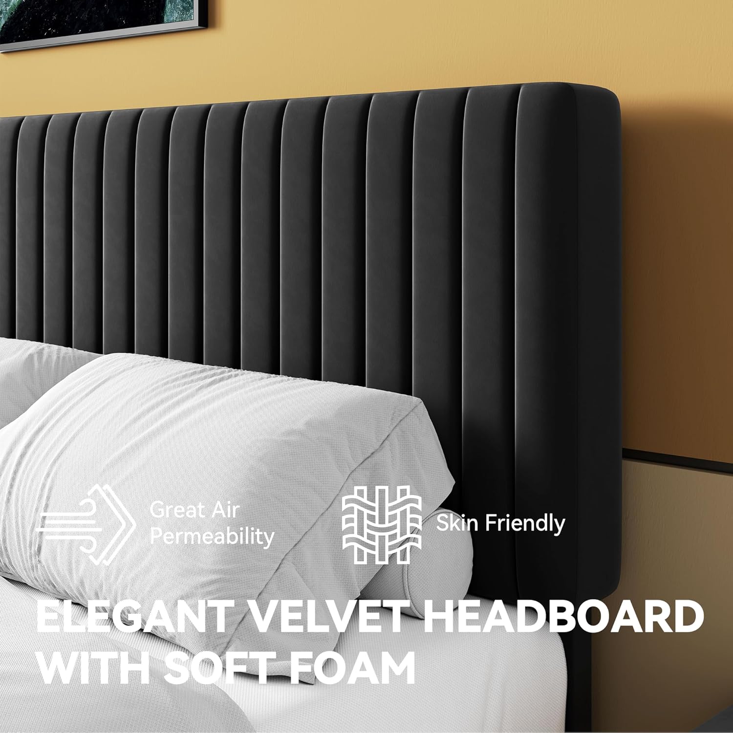 HOOMIC Full Size Bed Frame, Velvet Upholstered Platform Bed with Vertical Channel Tufted Headboard, Strong Wood Slats Support, Easy Assembly, Box Spring Optional, Black