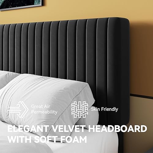 Miniatura 4 de HOOMIC Base de cama de plataforma de tamaño matrimonial, cama tapizada de terciopelo moderno con cabecera capitoné de canal vertical ajustable,