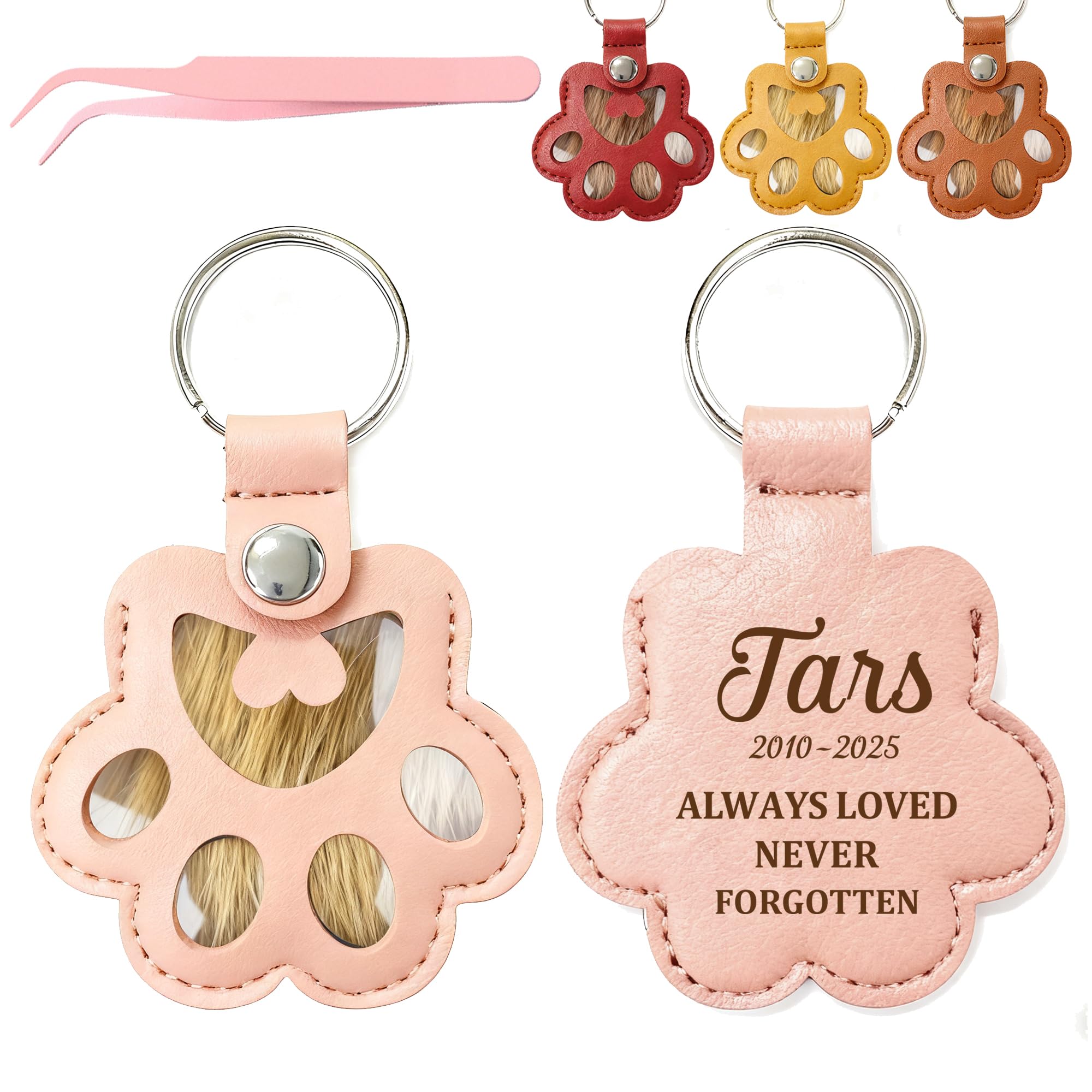 EDSG Personalised Pet Fur Keepsake Keyring, Pets Hair Storage Pouch Dog Memorial Gifts, Dog Cat Paw Shape Leather Keychain, Pet Memorial Gifts (Pink, Paw)