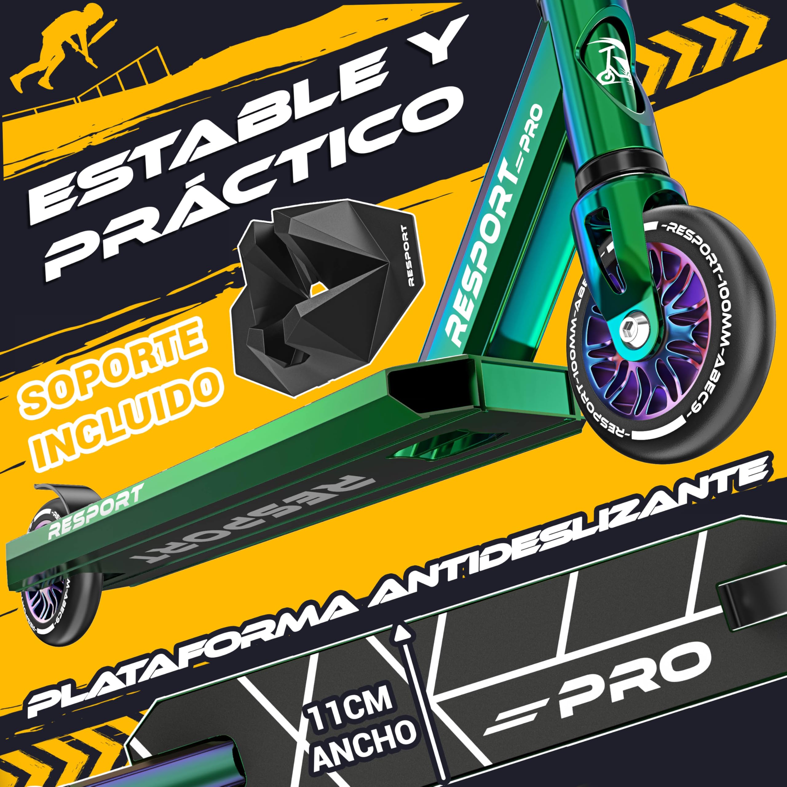RE:SPORT Patinete de acrobacias Revo Pro para niños y adultos con soporte, patinete profesional de 110 mm, ruedas de poliuretano y barra en Y, patinete de acrobacias, patinete ABEC 9, rodamientos de — view 3