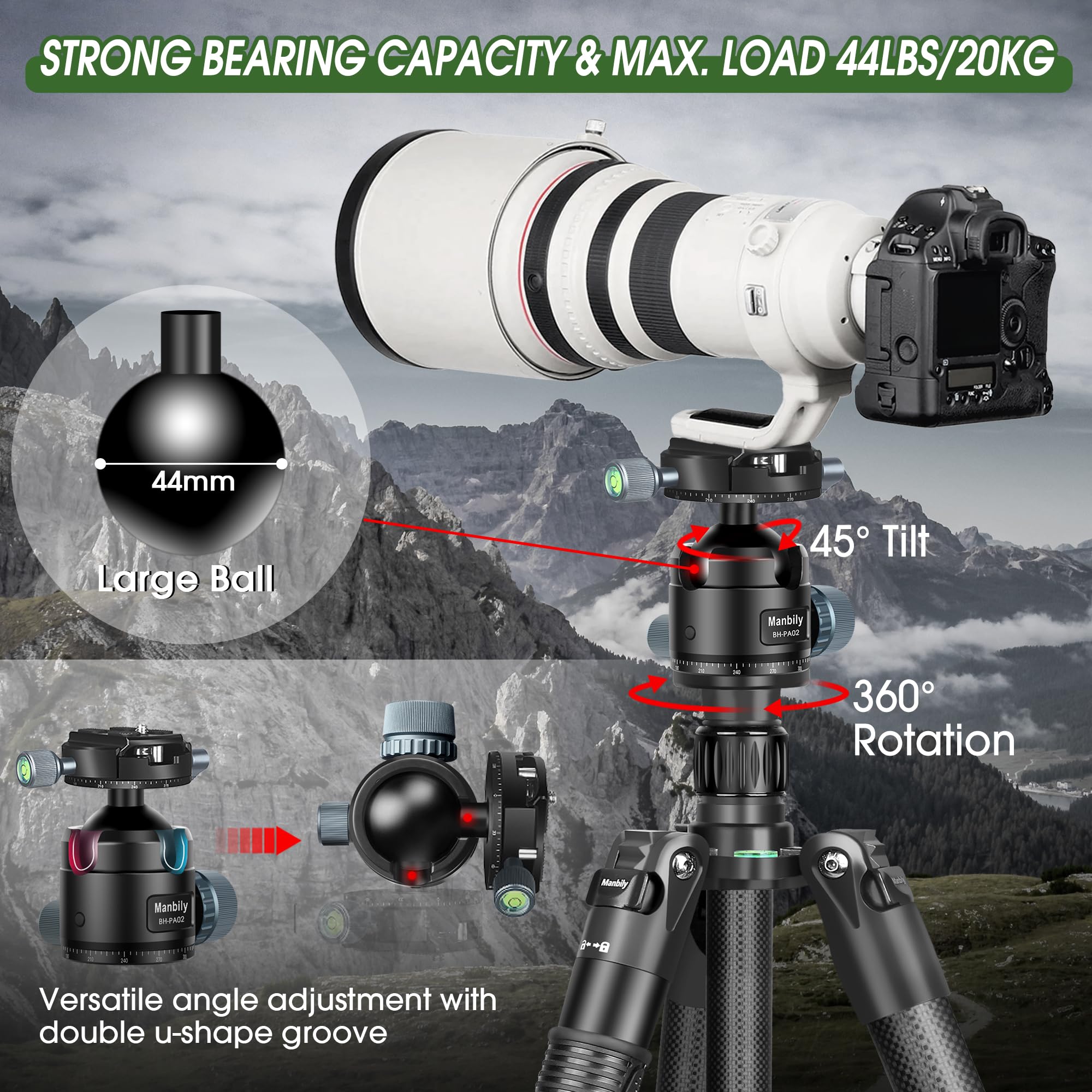 Manbily Treppiede per fotocamera in fibra di carbonio da 13"-76" con tubo da 32 mm, treppiede portatile per fotografia con testa a sfera panoramica a 360° da 44 mm, carico massimo 20 kg, piastra Arca