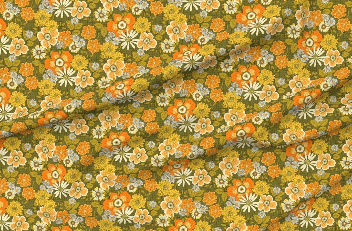 Spoonflower Fabric - 1970S Retro Avocado Green Yellow Hippie Groovy Daisies Flower Power Printed on Minky Fabric by The Yard - Sewing Baby Blankets Quilt Backing Plush