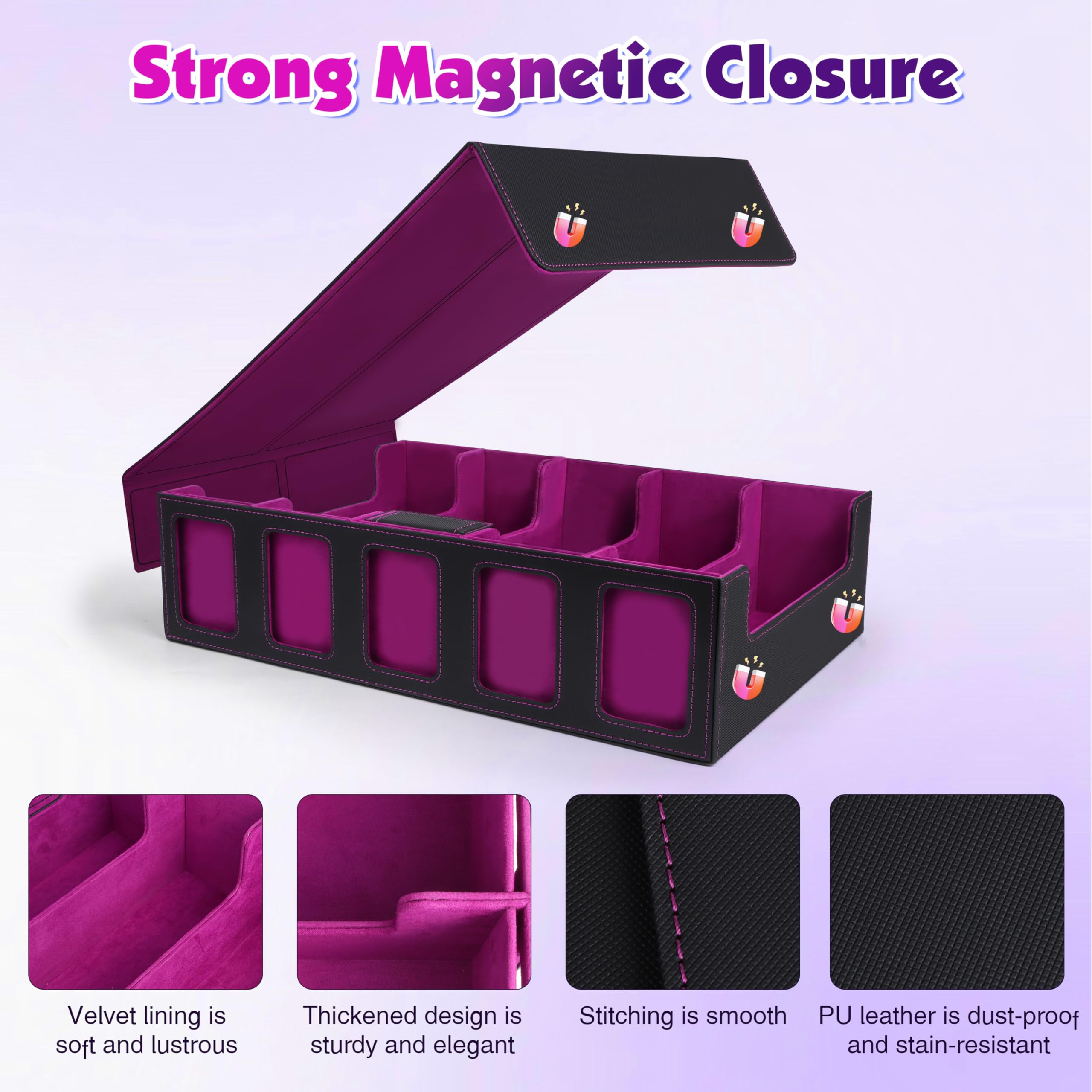 Charmofun Deck Box per Carte, Magnetic Scatola di Carte da Collezione per Oltre 2800+, Porta Deck con Pelle PU e Chiusura Magnetica, 10 Divisori per Carte, 4 Clip Divisorie (Viola, Viola)