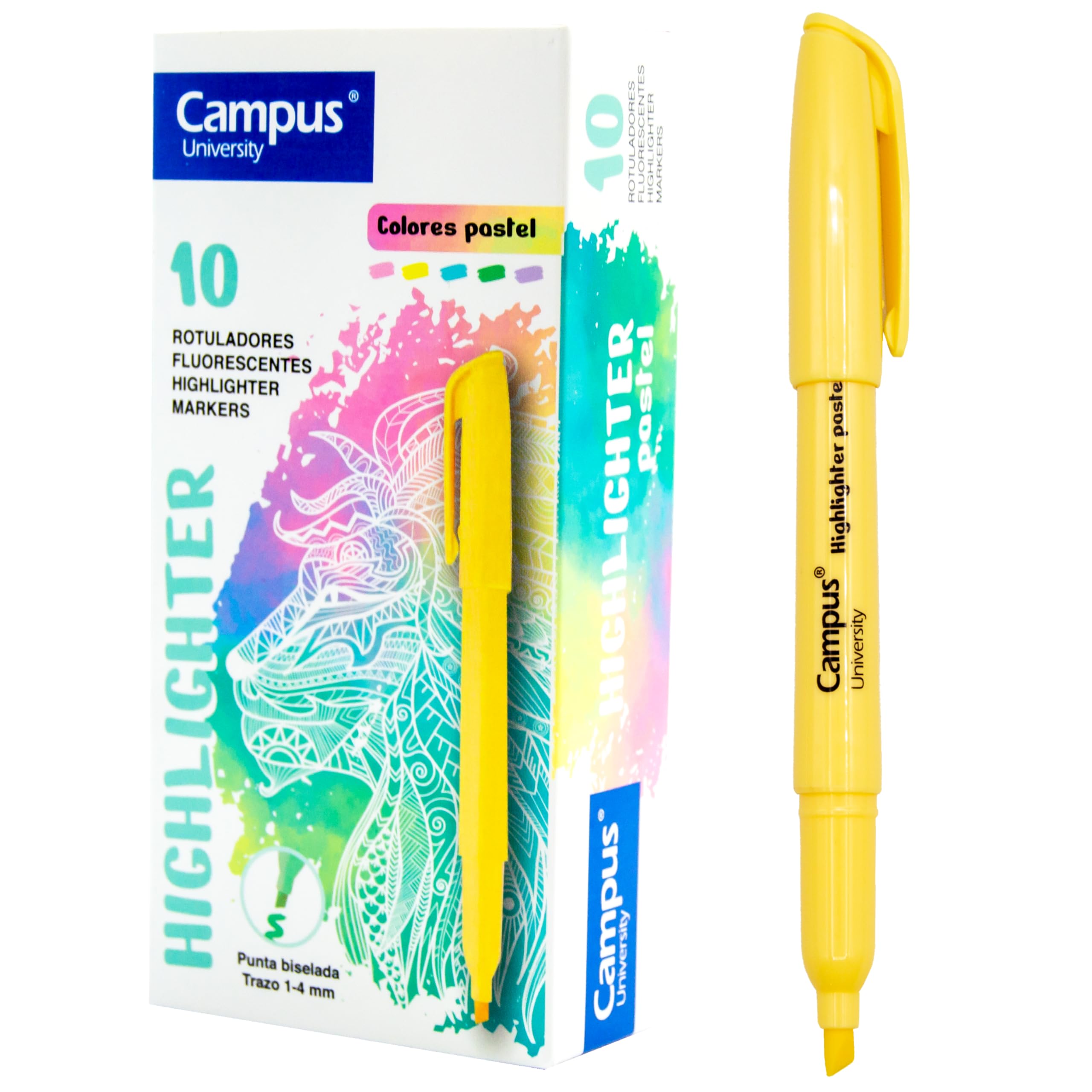 Campus Pastel Highlighters, Marker Pen with Beveled Tip, Pack of 10 Water-Based Highlighter Pen, Pastel Highlighter Pens (Yellow)