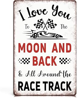 Race Car Room Decor for Boys - "I Love You To The Moon And Back" Vintage Metal Sign 12x8 Inch, Racing Car F1 Wall Art for Kids Room Nursery Garage Man Cave Bedroom