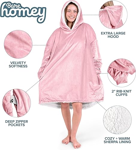 Miniatura 3 de Bare Home Manta de forro polar Sherpa  Manta portátil de gran tamaño  Tamaño adulto  Cálida y acogedora  Manta de felpa suave  Cómoda sudadera con