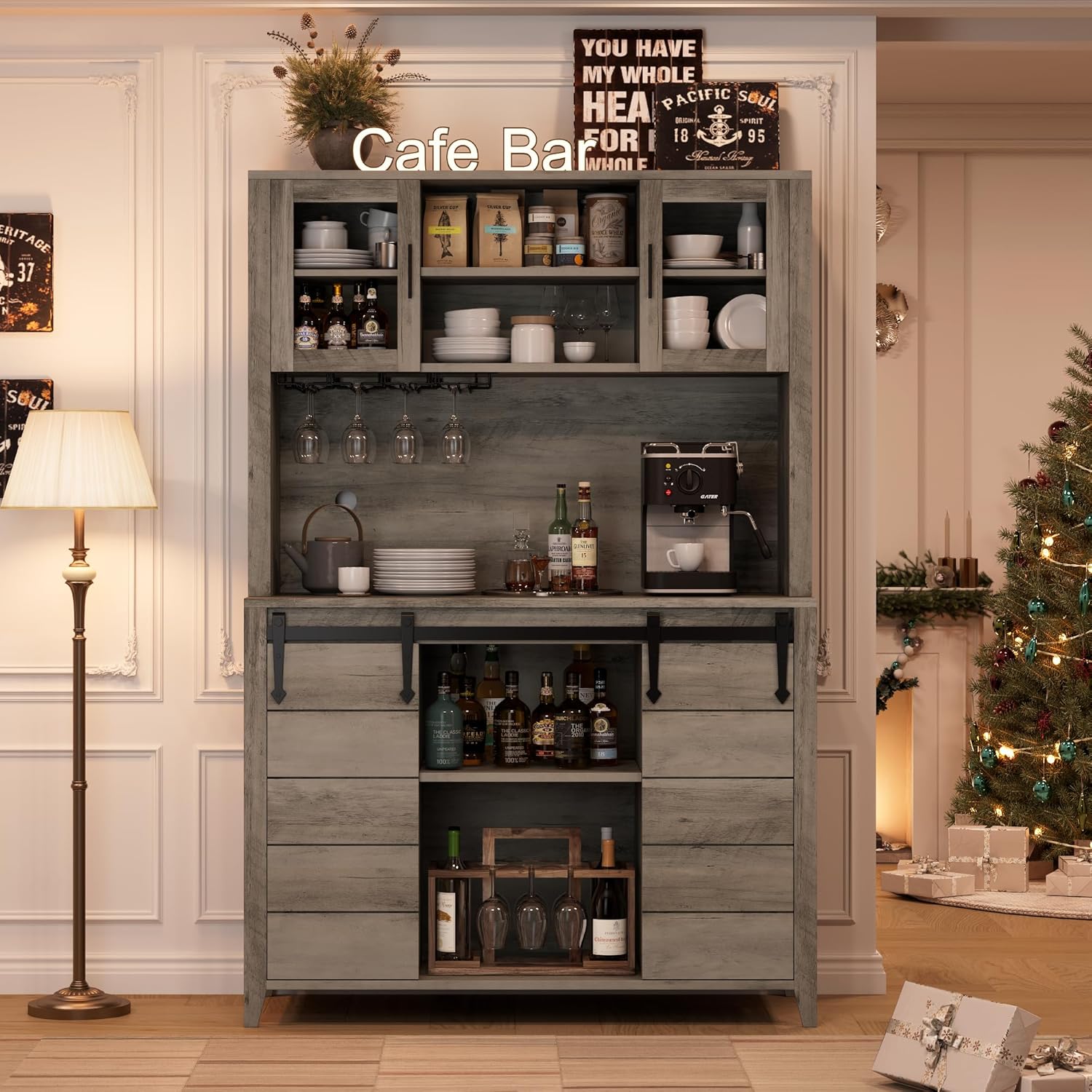 GarveeHome 70 in Tall Farmhouse Coffee Bar Cabinet, Kitchen Hutch Storage with Sliding Barn Door, Kitchen Buffet with Wine Rack, Glass Holder, Wine Bar Cabinet for Dining Room, Living Room, Gray
