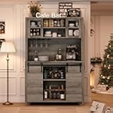 GarveeHome 70 in Tall Farmhouse Coffee Bar Cabinet, Kitchen Hutch Storage with Sliding Barn Door, Kitchen Buffet with Wine Rack, Glass Holder, Wine Bar Cabinet for Dining Room, Living Room, Gray