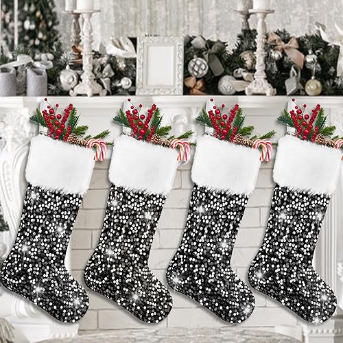 Miniatura 8 de DULEFUN 4 medias de Navidad, lentejuelas con purpurina, grandes, color negro dorado, medias colgantes de Navidad, regalos para Navidad, familia, Año