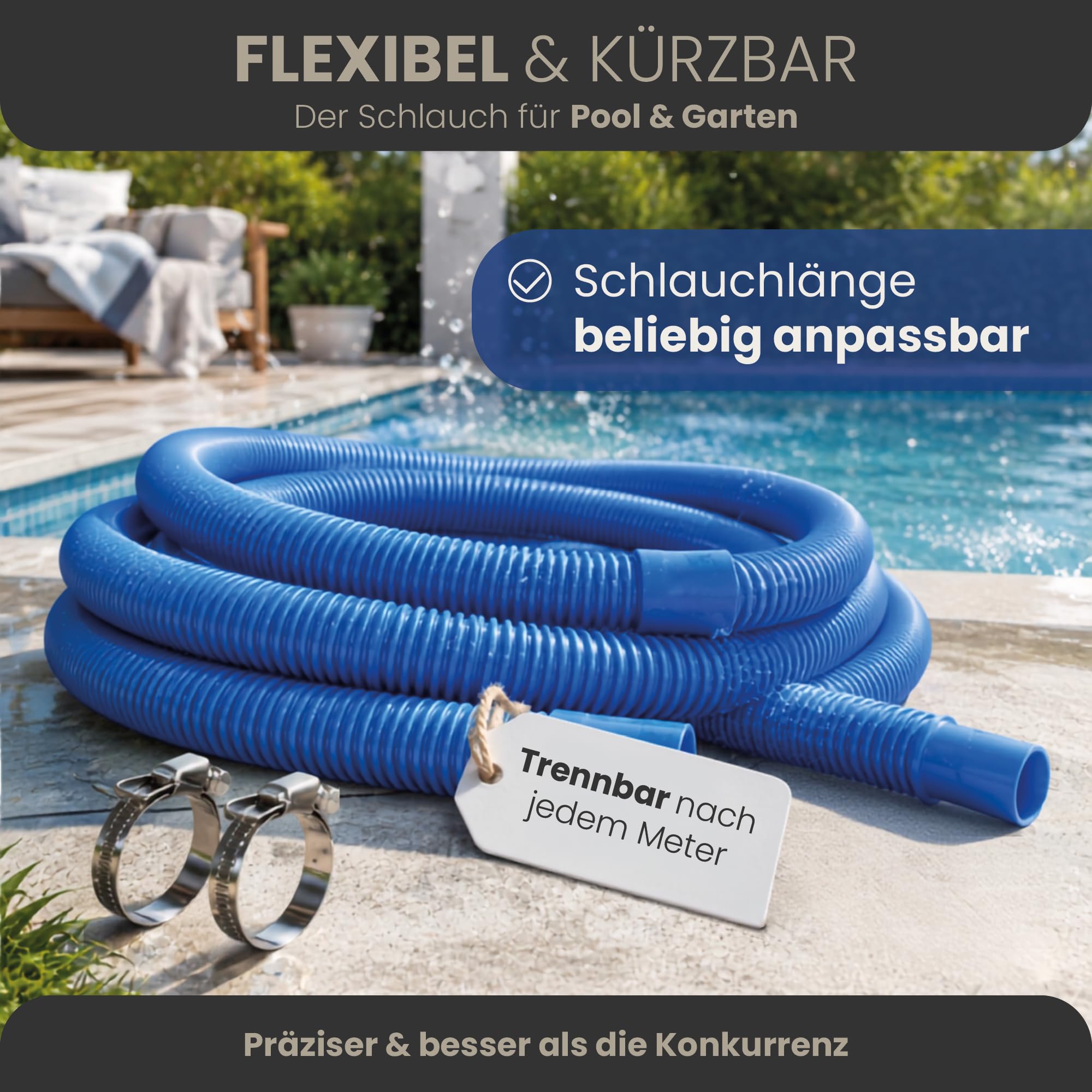 HAF® Tubo per piscina di alta qualità, 38 mm, blu, 15 m, per giardino e piscina, con 2 fascette stringitubo in acciaio inox, tubo per piscina, qualità Made in Germany