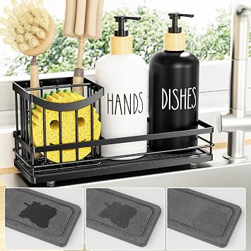 Moforoco Kitchen Dish Soap Dispenser Set, 16OZ Glass Bottle, Hand and Dish Soap Dispenser Set, Instant Dry Tray, Brush Holder with Smiley Face Sponge Holder Universal Black Tray+Black&White Bottle