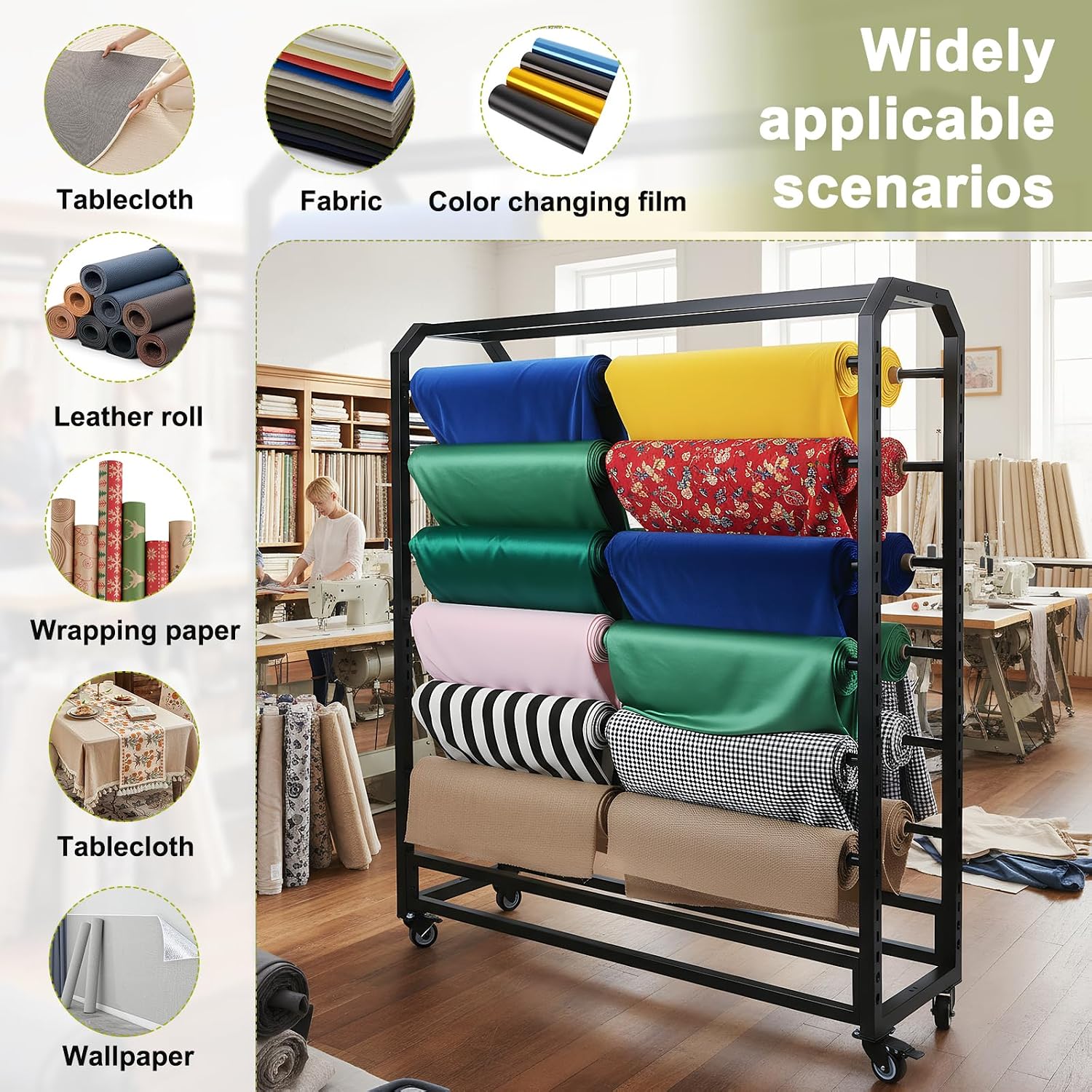 12 Rod Commercial Fabric Roll Storage Rack, Double Side Commercial Fabric Roll Storage Rack with Wheels, Textile Organizer Holder for Leather Curtain Studio Wallpaper