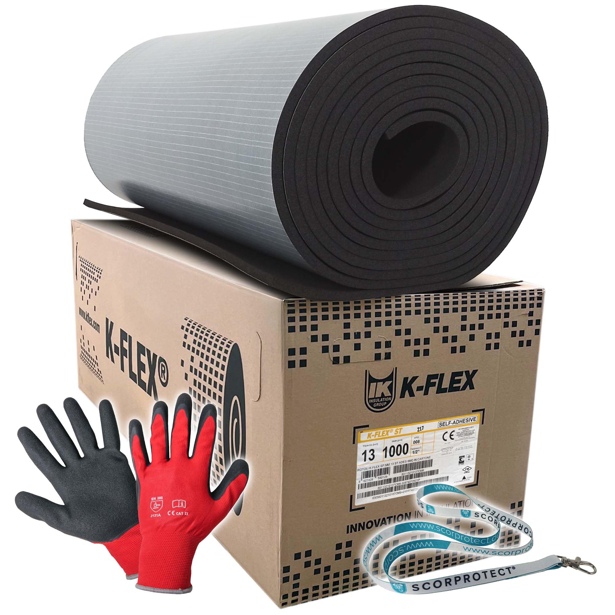 Placa de aislamiento K-Flex ST autoadhesiva ORIGINAL + guantes + llavero Scorprotect® (negro, espesor de aislamiento 13 mm, 1000 x 8000 mm)