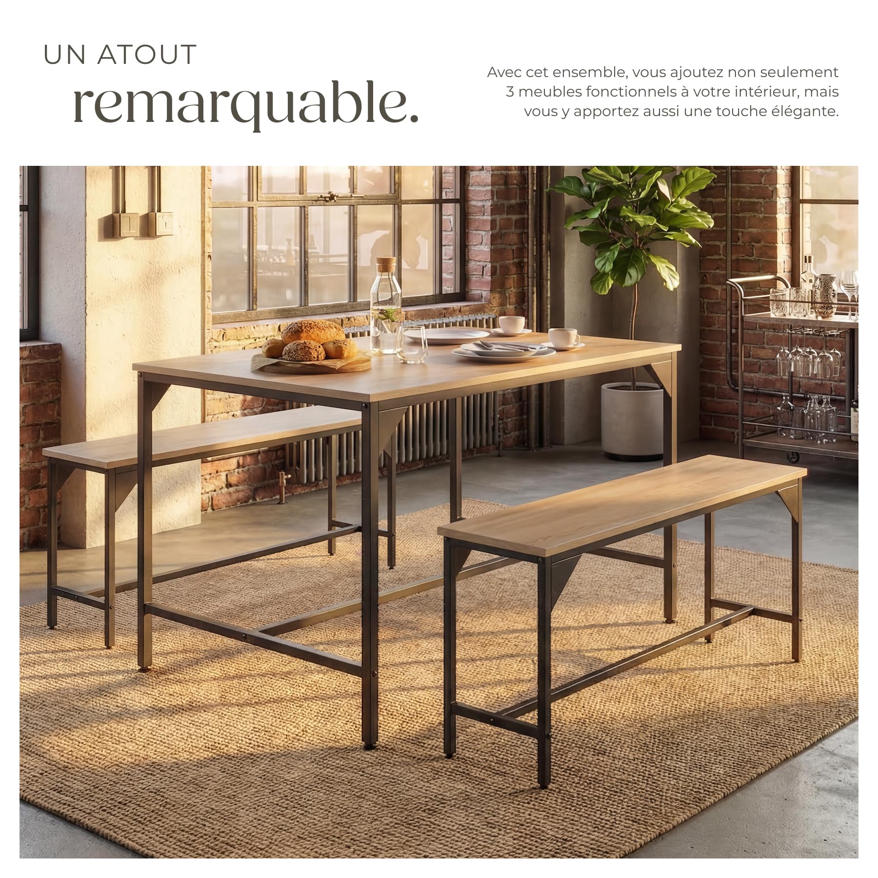 tectake® Ensemble Table et Banc Salle à Manger en Bois et Acier Table de Salle à Manger 2 Bancs Style Industriel Scandinave - Chêne Sonoma/Marron Clair Industriel