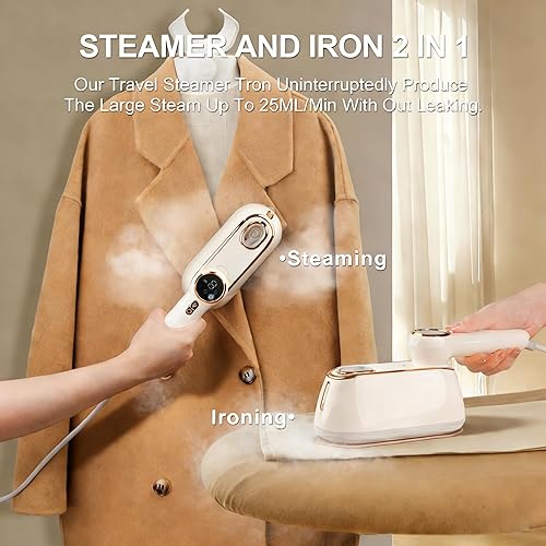 Miniatura 3 de Vaporizador de viaje para ropa portátil, 1200 W, mini plancha de vapor de mano de viaje, 4 modos con pantalla LCD, potente removedor de arrugas,