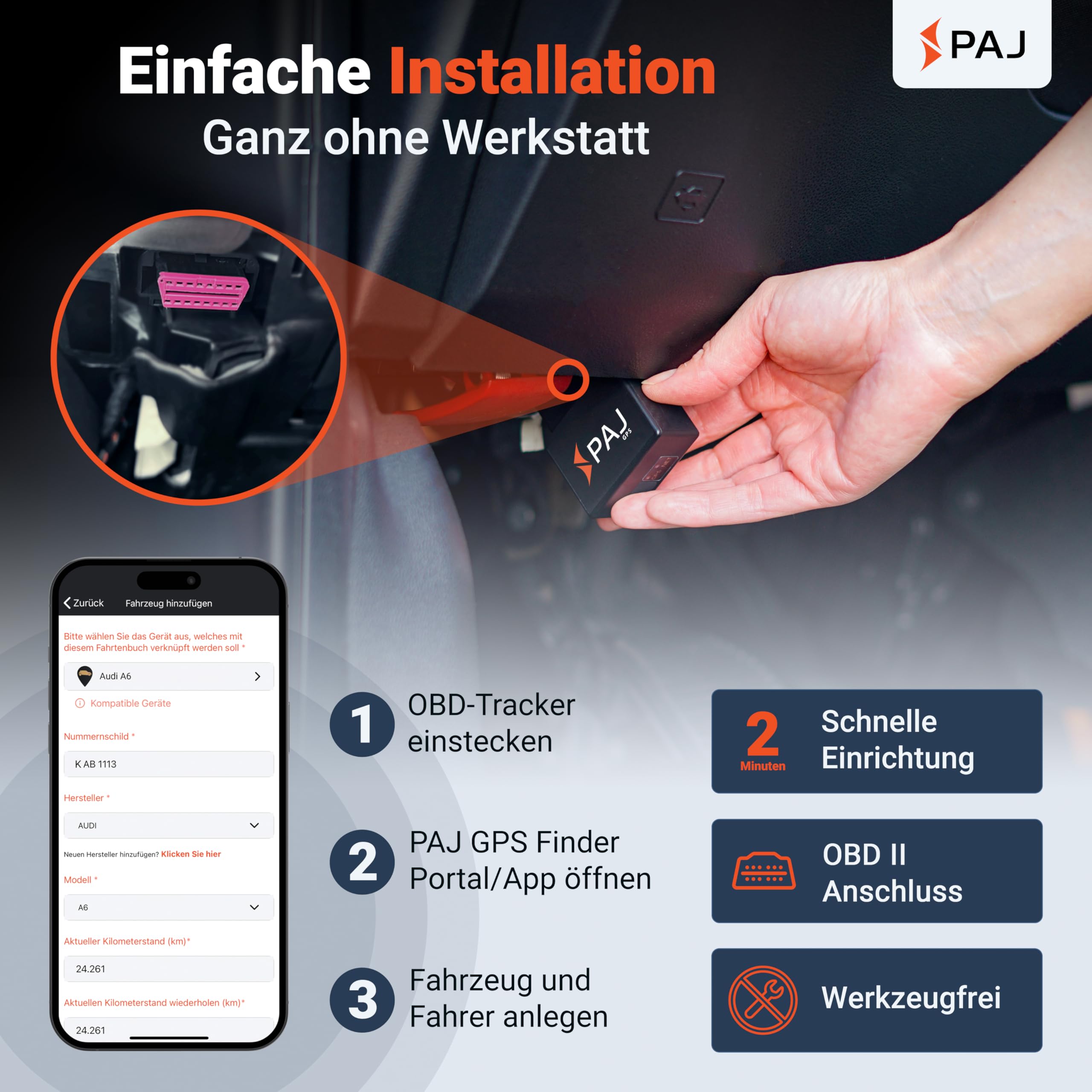 PAJ GPS elektronisches Fahrtenbuch, finanzamtkonform, lückenlos & manipulationssicher, OBD2 Stecker, automatische GPS Aufzeichnung, Global SIM Karte, Auto, LKW UVM
