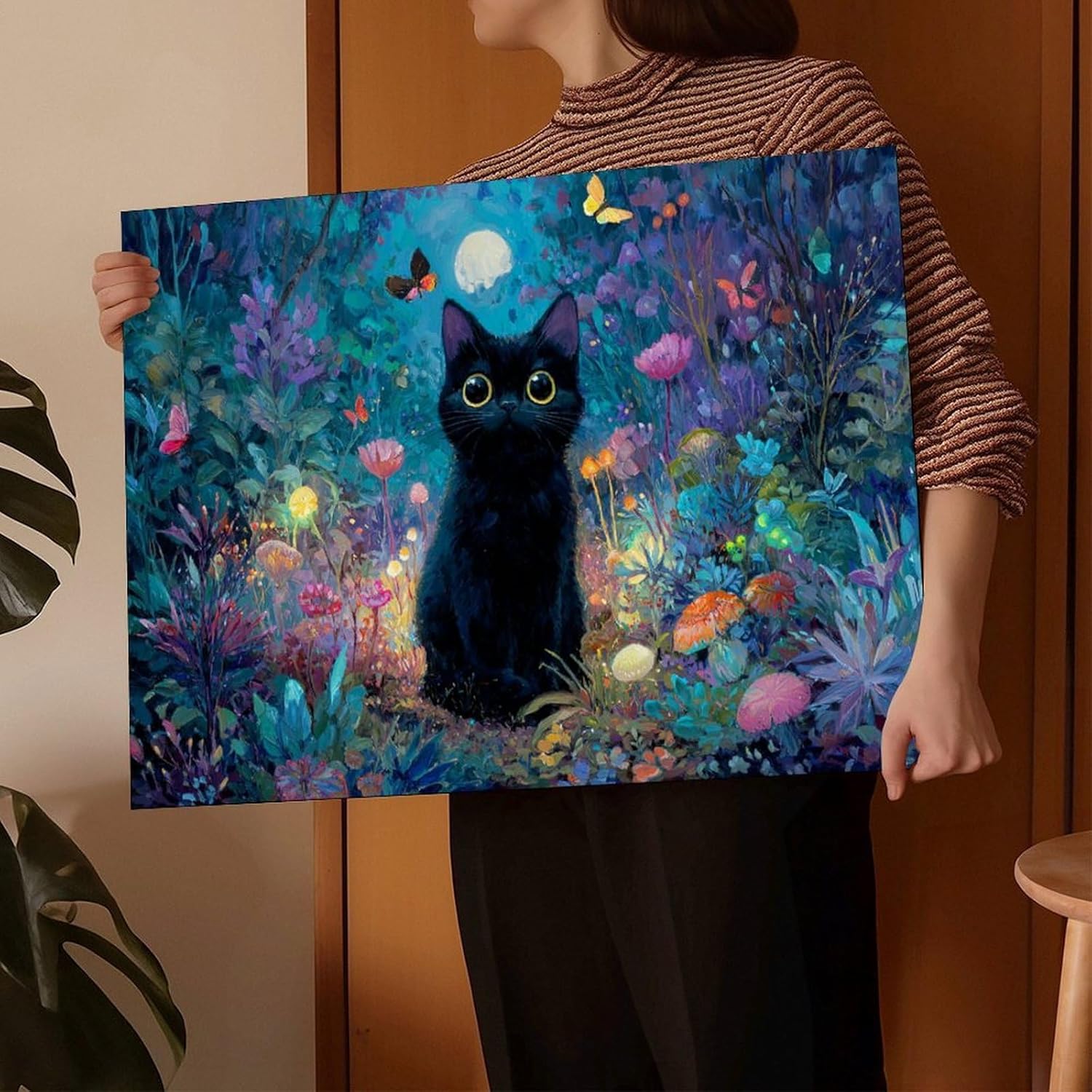 UZWGG 1pcs Framed Wall Art Cute Black Cat Canvas Painting Flowers and Plants Garden HD Printing Artwork Butterfly Mushroom Children's Room Dormitory Decor Wrapped Canvas 12x18inch(30x45cm)
