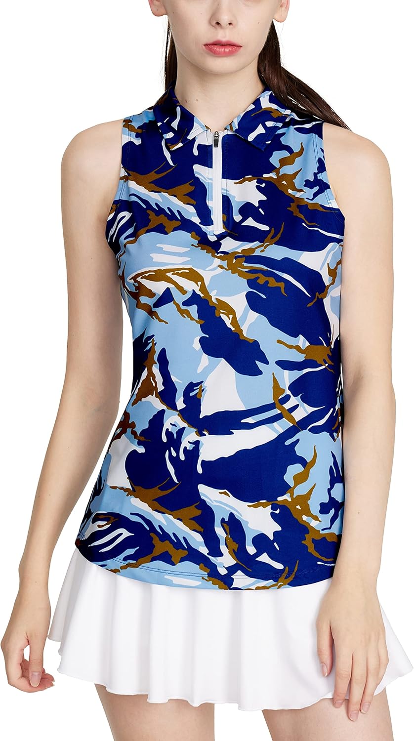 CQC Women's Sleeveless Golf Shirts Quick Dry Floral Athletic Polo with Collar Zip Up Lightweight Tennis Tank Tops Blue Camo S