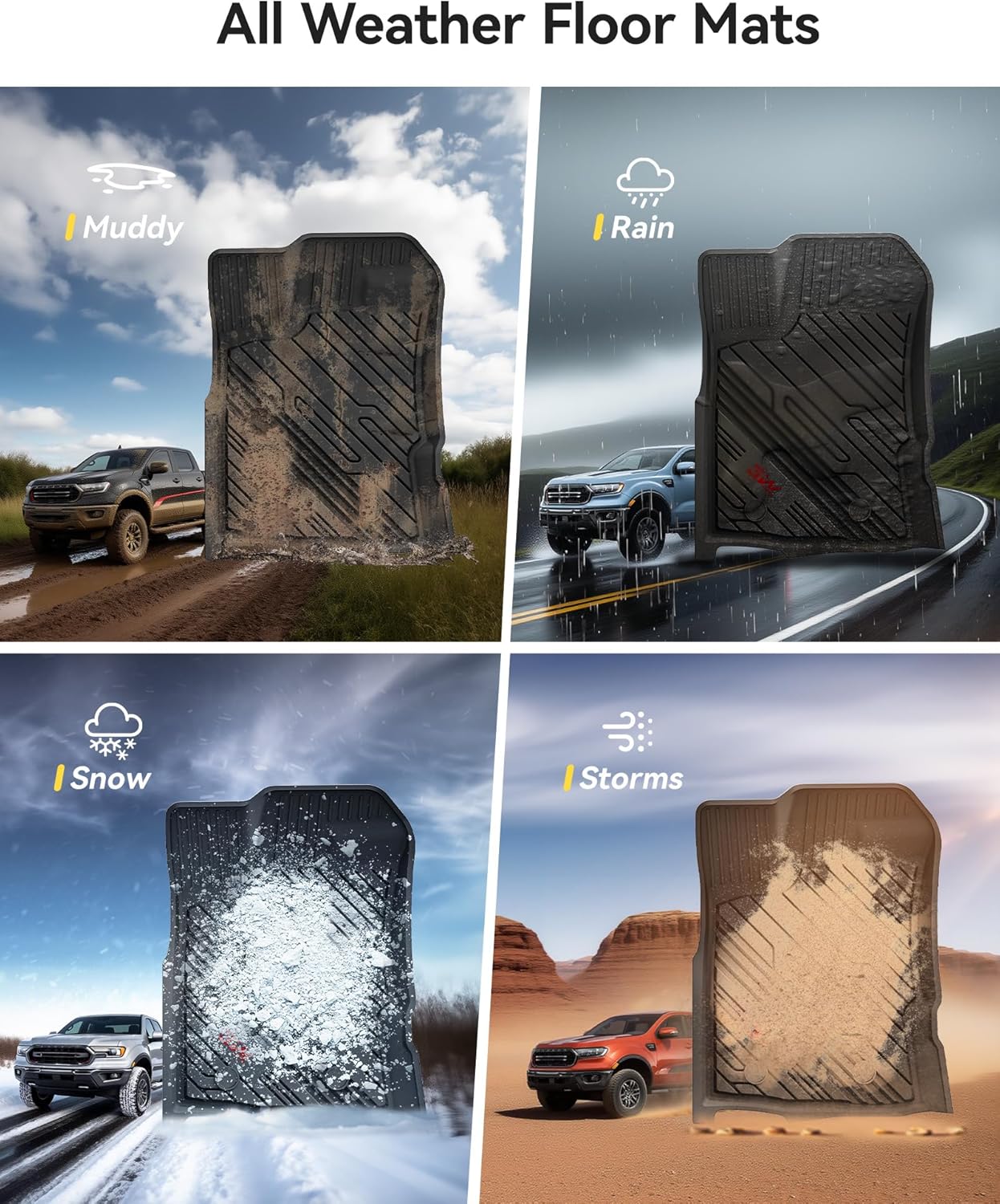 3W Floor Mats Fit for Ford Ranger 2020 2021 2022 2023, TPE All Weather Floor Liner for Ford Ranger Super Crew Cab,1st & 2nd Row Full Set Custom Fit Car Mats Accessories - Image 6