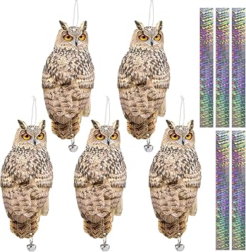 Lifreer 5PCS Pigeon Deterrent Bird Scarers for Gardens, Double Sided Reflective Hanging Owl Decoy to Scare Birds Away, Bird Scarer Devices to Keep Pigeons Away from Garden, Patio, Windows, Patio Pool