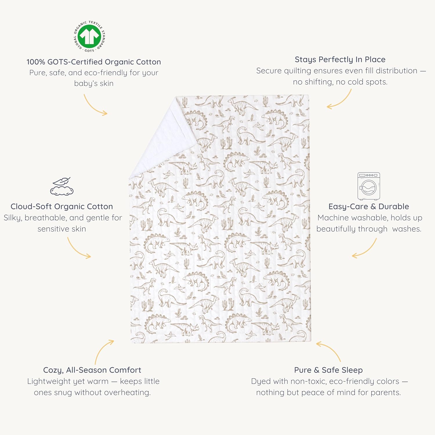 MakeMake Organics Organic Baby Comforter GOTS Certified Organic Kids Blanket Cotton Infill Tufted - Reversible Ultra Soft Breathable Boys Girls (30"x40", Dino Dreams) - Image 4