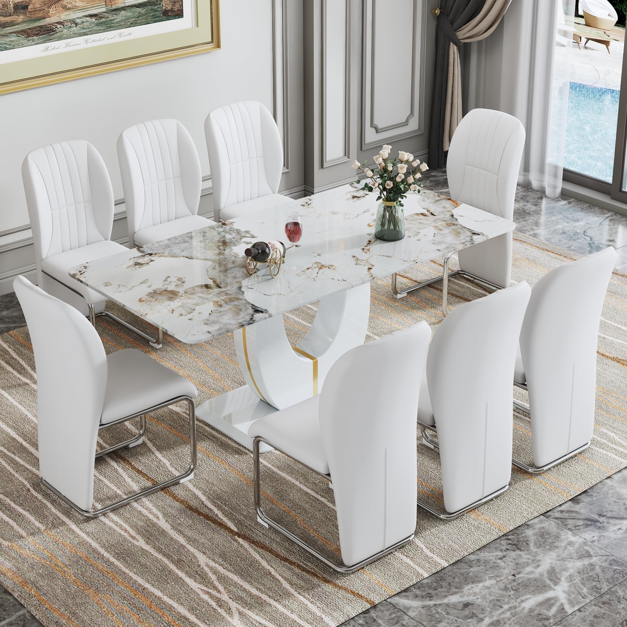 71 Inch White Dining Table Set for 8 with 0.4 Inch Thick Faux Marble Pattern Tempered Glass Tabletop & 8 PU Leather Chairs, 9-Piece Rectangle Kitchen and Dining Room Table Sets