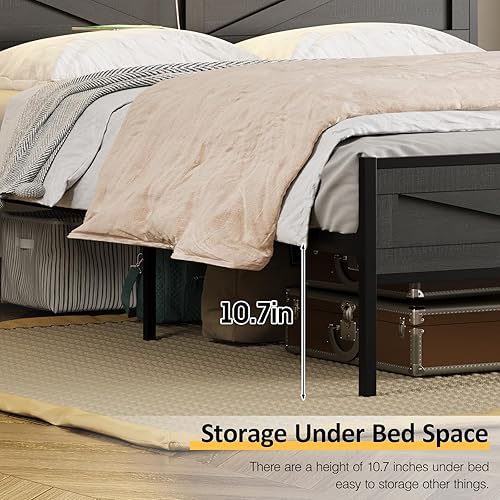 Miniatura 50 de Base de cama LED tamaño Queen con estación de carga y 4 cajones, plataforma de metal con cabecero de puertos USB, marco de cama de granja con luces