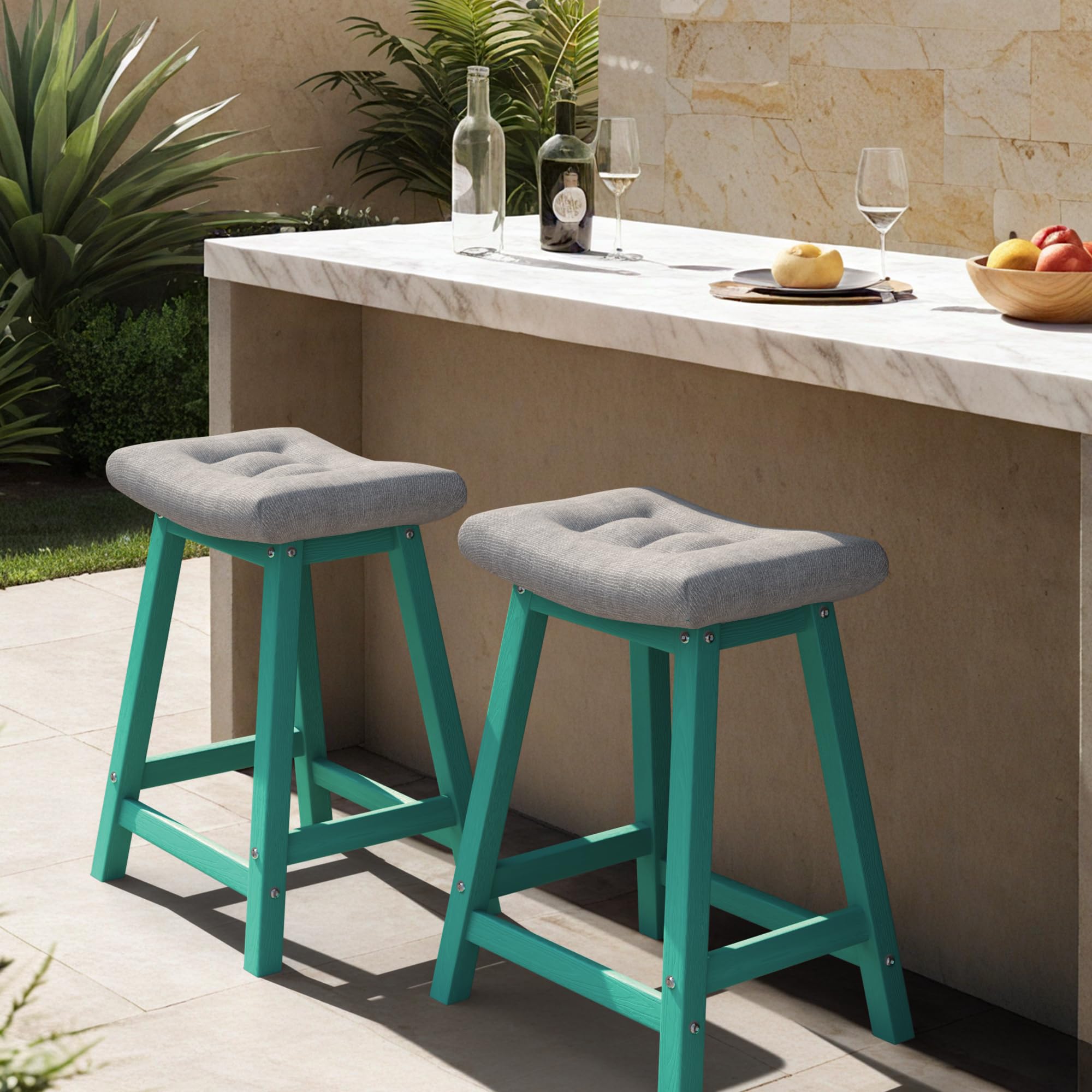 Ciokea 2 Set 24" Outdoor Bar Stools with Cushions, Heavy Duty HDPE Counter Height Bar Stools Weatherproof Patio Seats Modern Waterproof BarStools for Bar Deck Balcony Kitchen Counter Yard, Lake Blue