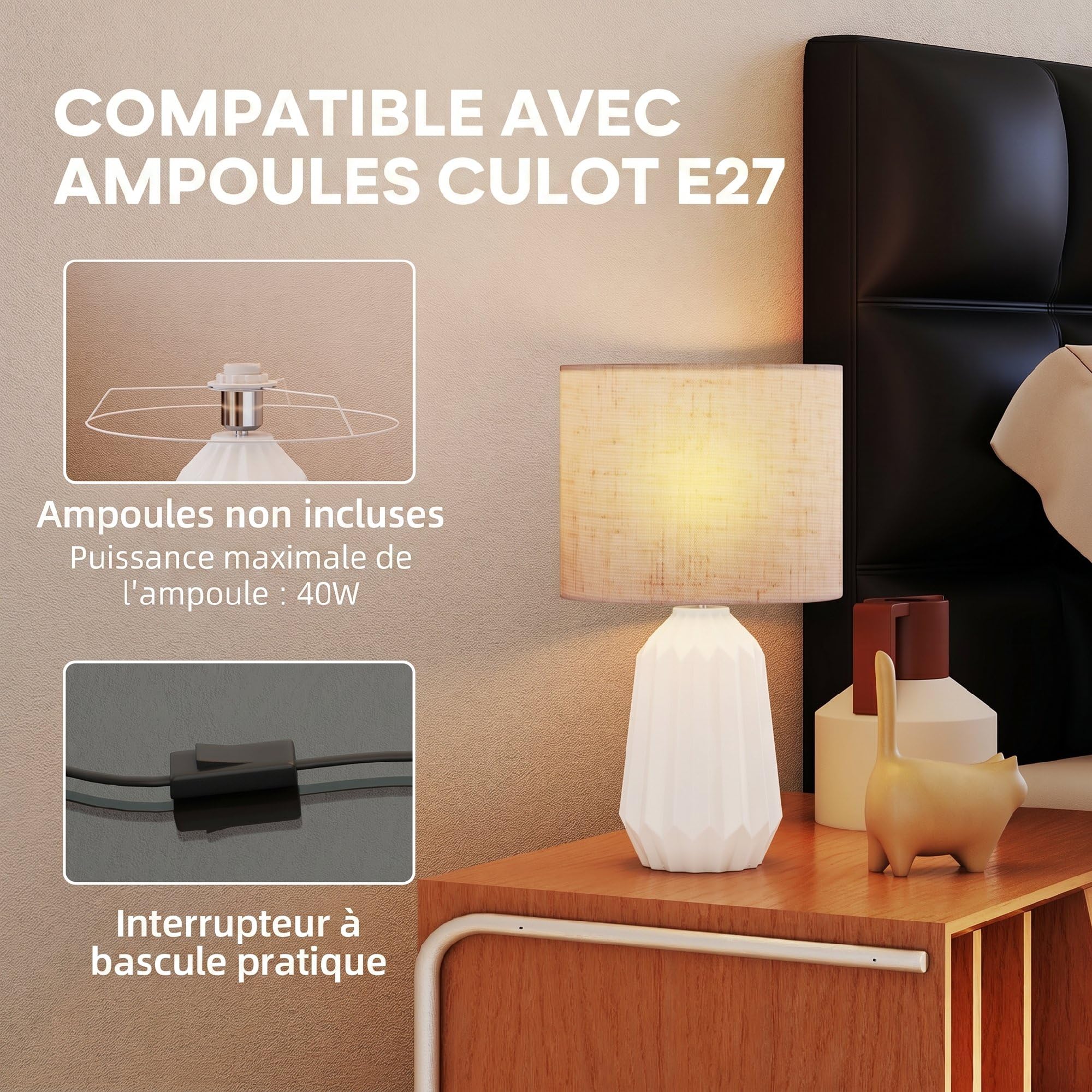 HOMCOM Lampe de Table avec Base en Céramique, Culot E27, Blanc et Beige
