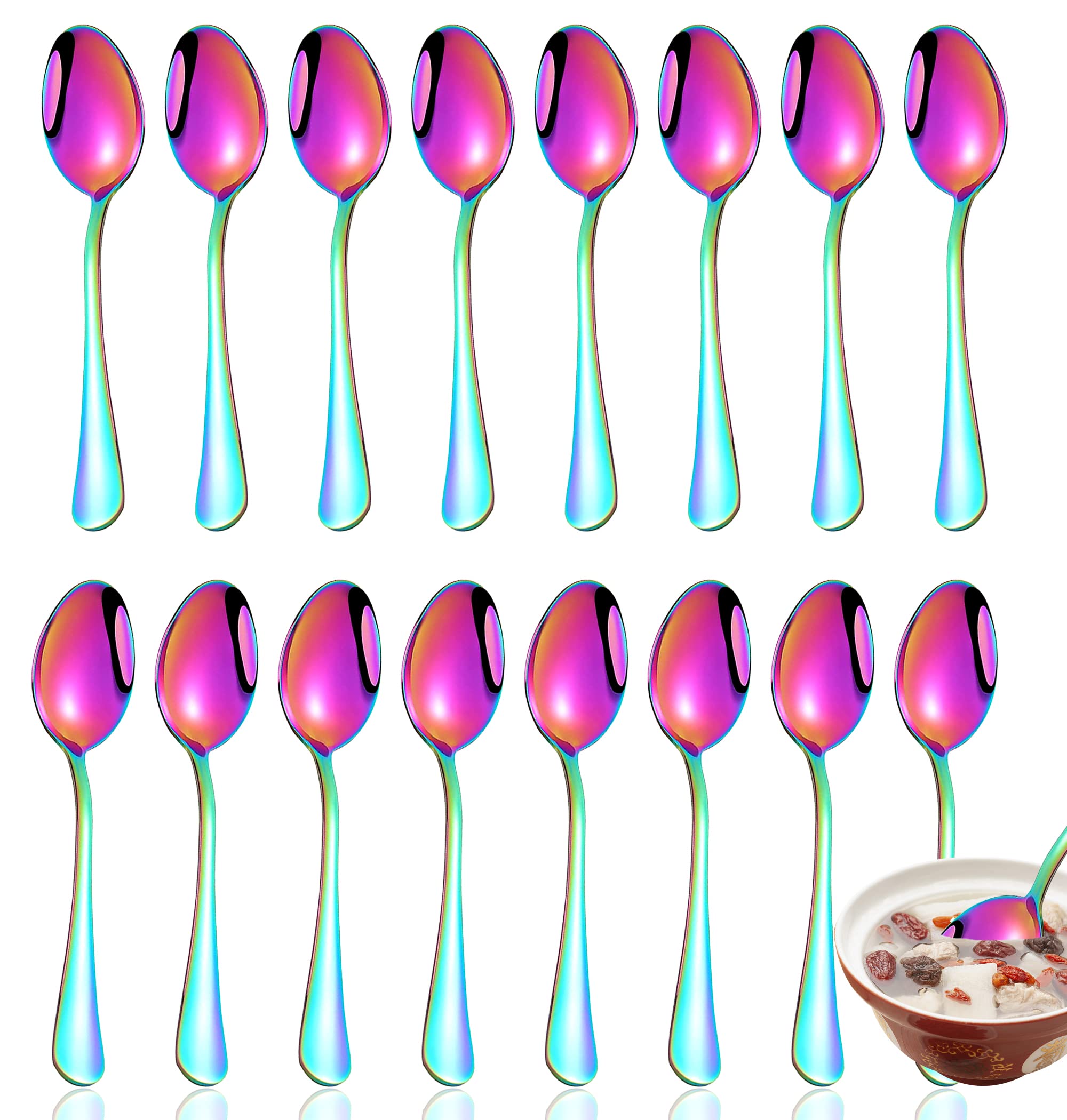 Rainbow Spoons,Set of 16 Top Food Grade Stainless Steel Spoons Silverware, Big Tea Spoons,6.7 Inches,Mirror Finish & Dishwasher Safe,New Apartment