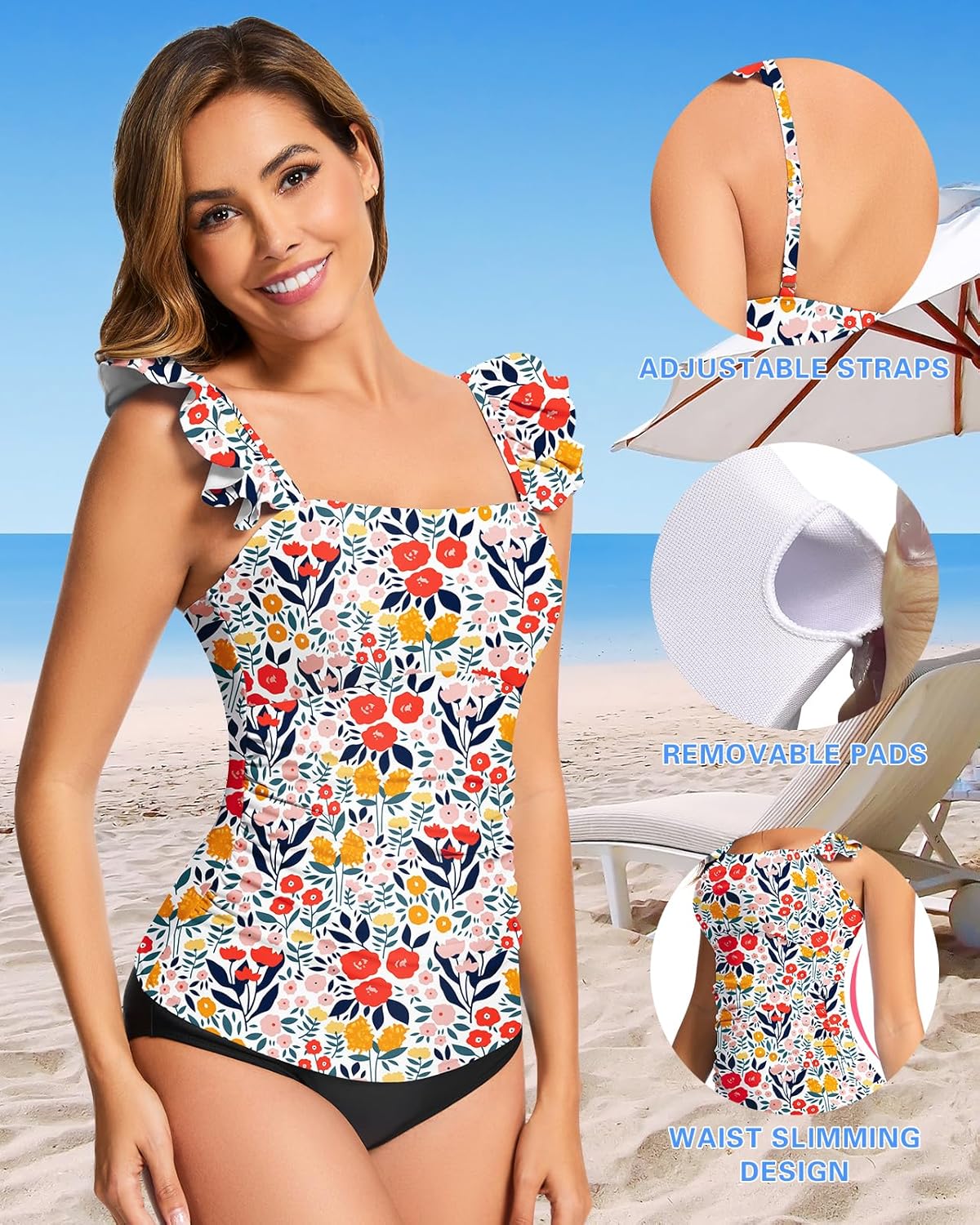 WOWENY Tankini Tops for Women No Bottom Bathing Suits Tummy Control Square Neck Ruffle Modest Swimsuit Top Only - Image 4