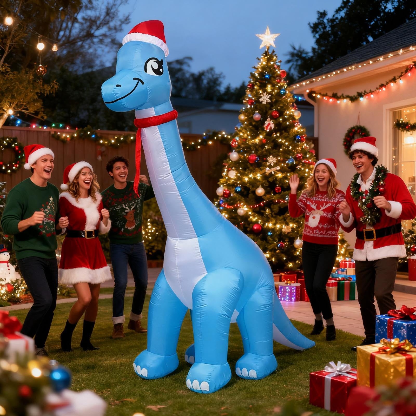 Christmas Inflatable Ogromny Oświetlony Dinozaur Dekoracje Imprezowe | Zewnętrzne Inflatable z Mikołajową Czapką na Święta do Ogrodu Podwórka Tarasu Podjazdu Drzwi Wejściowych