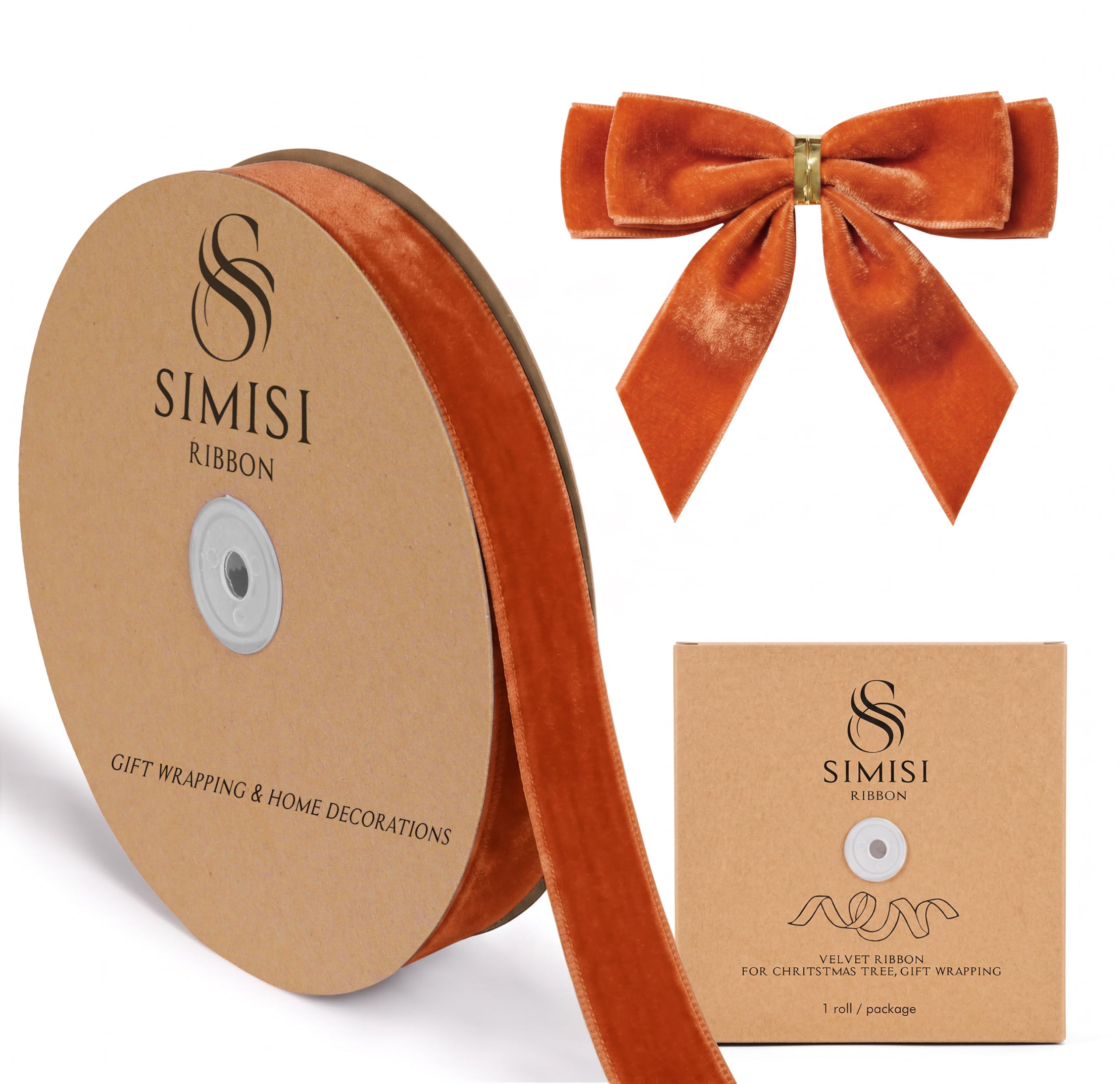 Cinta de terciopelo naranja quemado de 1 pulgada y 25 yardas para árbol de Navidad, envoltura de regalos, ramo de flores, decoración de coronas, fabricación de lazos