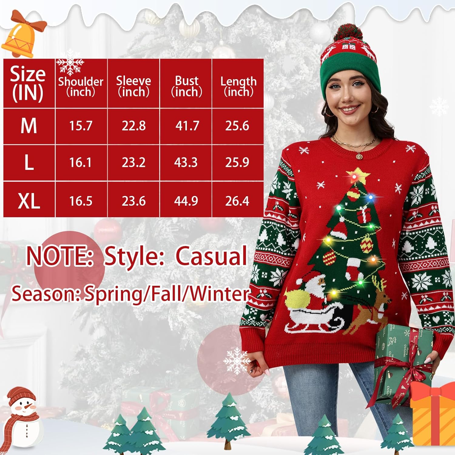 Light Up Christmas Ugly Sweater and Knitted Hat Set for Women with LED Bulbs Christmas - Image 5