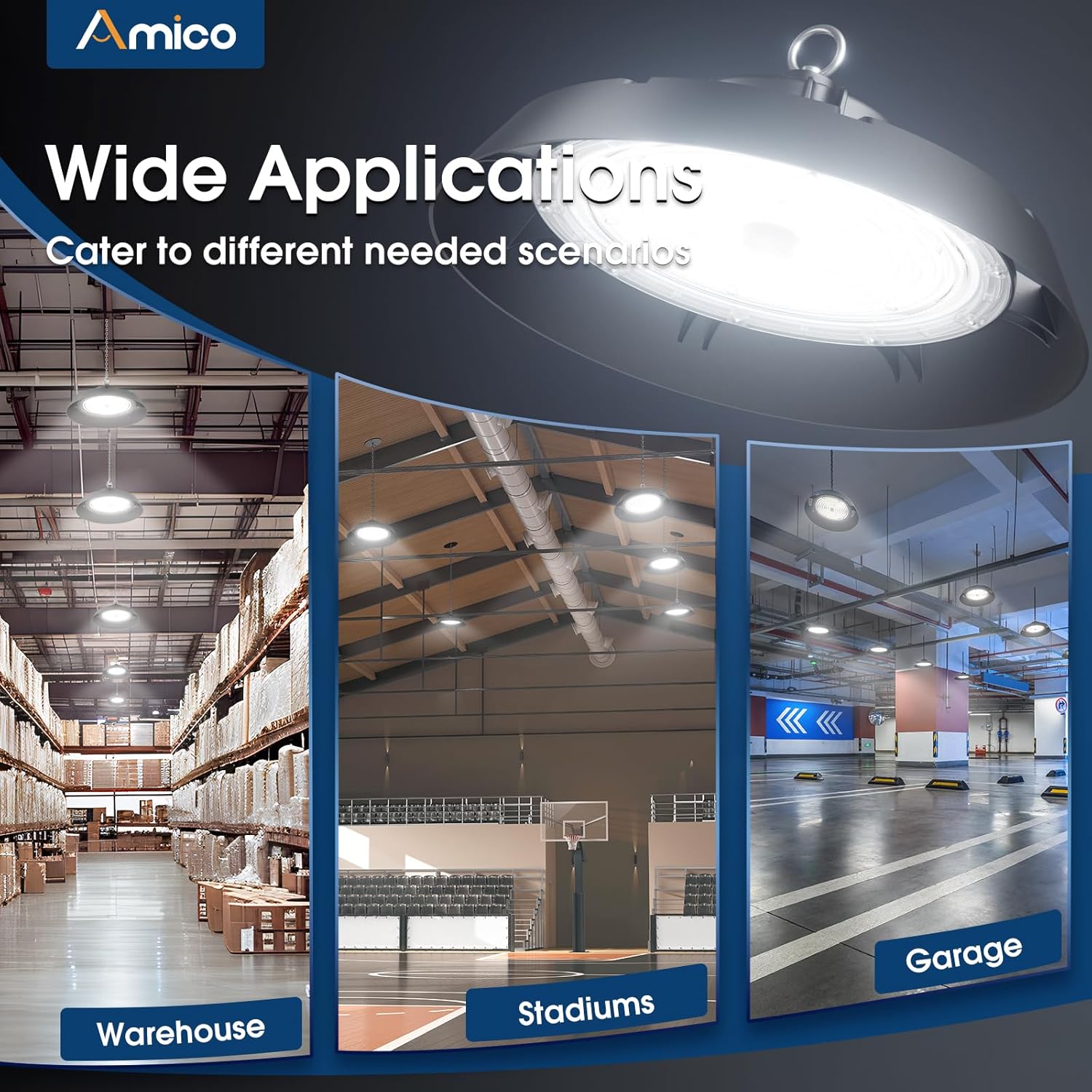 Amico 250W 6 Pack UFO LED High Bay Light, 35,000lm 0-10V Dimmable LED High Bay Lights, AC100-277V Commercial Shop Lighting with US Hook 5' Cable for Gym Factory Barn Warehouse, UL Listed