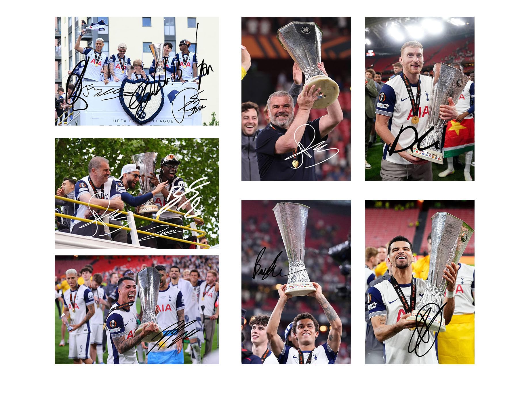 Set of 20 Individual 2024/5 Tottenham 2025 Europa League Winning Football Players Signed 6X4 Inch Photo Prints With Pre Printed Signatures That Would Make A Great Gift For The Fan.