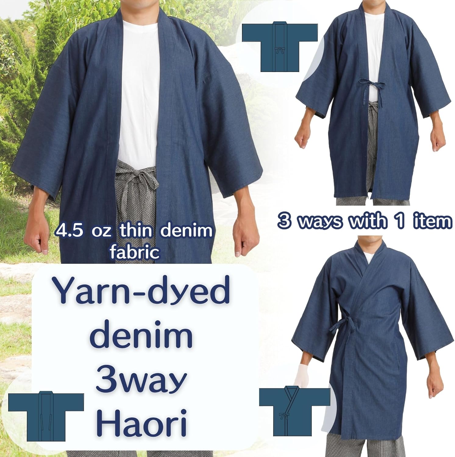 Edoten yukata kimono happi yarn-dyed denim fabric 4.5oz thin haori 3WAY cotton 100% men’s ladies' solid color navy