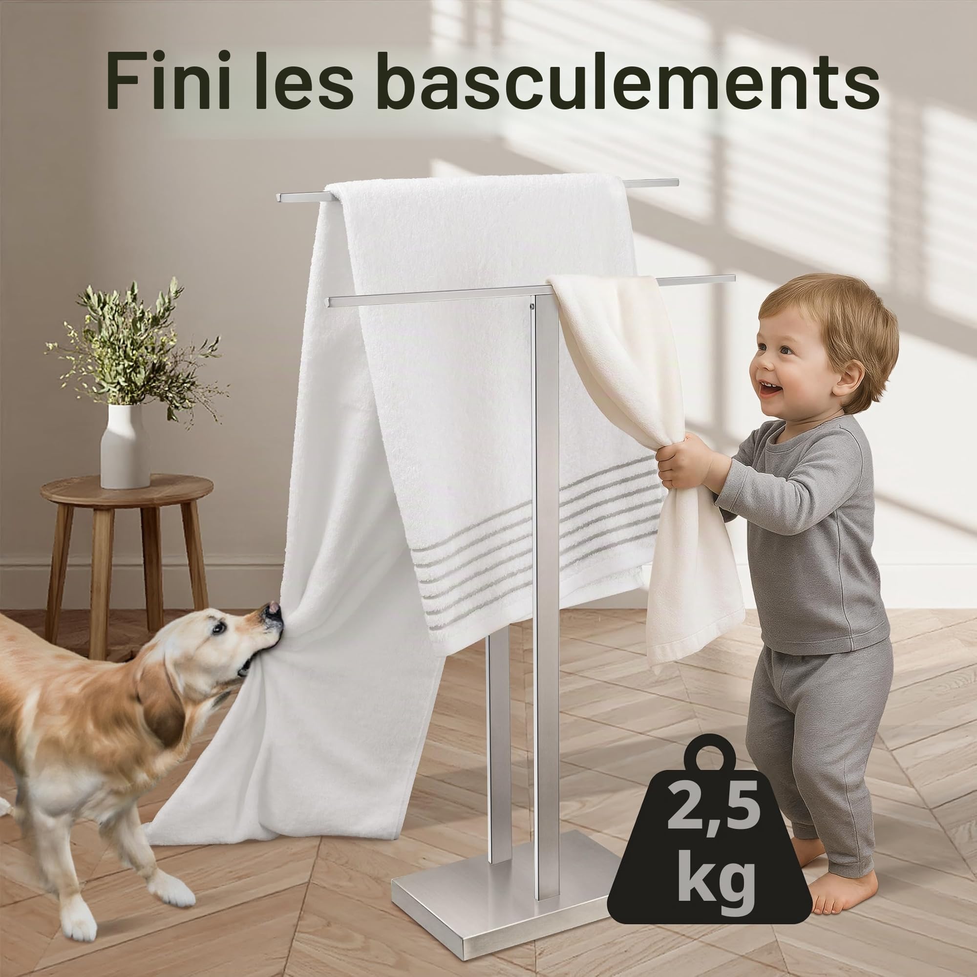 KES Porte Serviettes 2 Barres Salle de Bain 18/8 Acier Inoxydable Porte-Serviettes sur Pied Sèche Serviette Brossé, BTH231-2