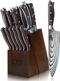 SHAN ZU 16-Piece Japanese High Carbon Steel Knife Set with Block & Sharpener - Ultra Sharp Chef Knives