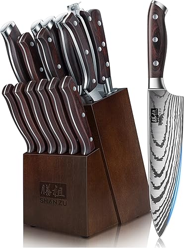 SHAN ZU Juego de Cuchillos de 16 piezas, Cuchillo de Cocina Japonés con Bloque de Acero Inoxidable de Alto Carbono, Cuchillo Ultra Afilado para