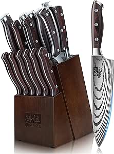 SHAN ZU Knife Set 16 pcs, Japanese Kitchen Knife with Block High Carbon Stainless Steel Ultra Sharp Knife for Kitchen, Professional Chef Knife Set with Sharpener