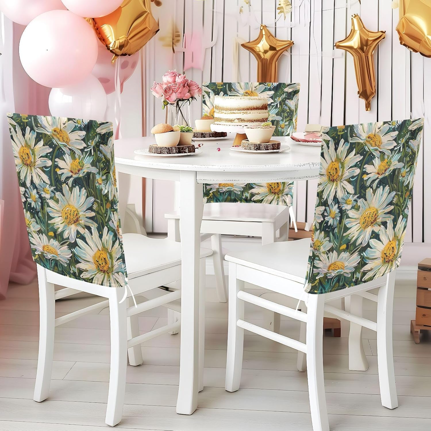 ALAZA Daisy Flowers Green Chair Back Cover Set of 6, Washable Reusable Removable Chair Slipcovers Decorative Chair Cover for Home Kitchen Wedding Party