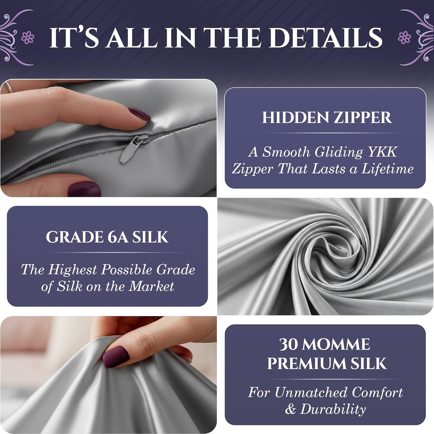 DECOLURE 100% Pure Mulberry Silk Pillow Case Standard Size – Highest Grade 30 Momme 6A+, Luxuriously Soft & Cooling Silk Pillowcase for Hair & Skin, Hypoallergenic, Breathable, Hidden Zipper (Silver) - Image 4