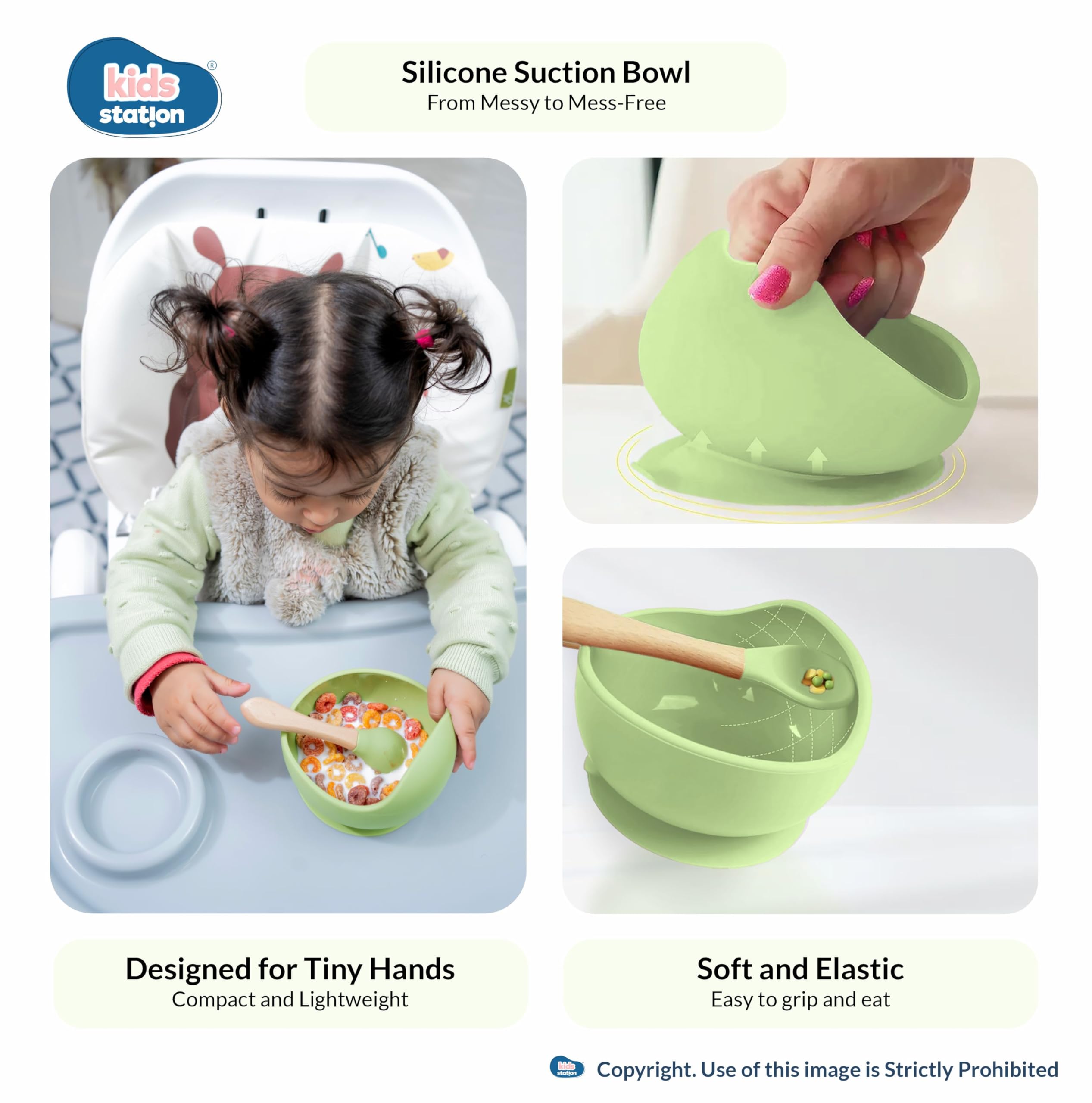 Kids Station 8-Piece Silicone Baby Feeding Set | Suction Bowl, Plate, Bib, Cup, Spoon & Fork | 100% Food Grade BPA-Free Silicone | Non-Slip, Easy to Clean (Pack of 8, Green) 1