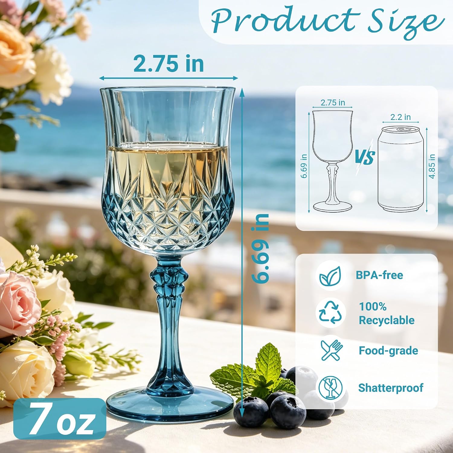 plastic wine glasses, plastic goblets vintage style cordial unbreakable drinking glasses, reusable drinkware for wedding reception, grand event party supplies (24, dusty blue) dusty blue 24