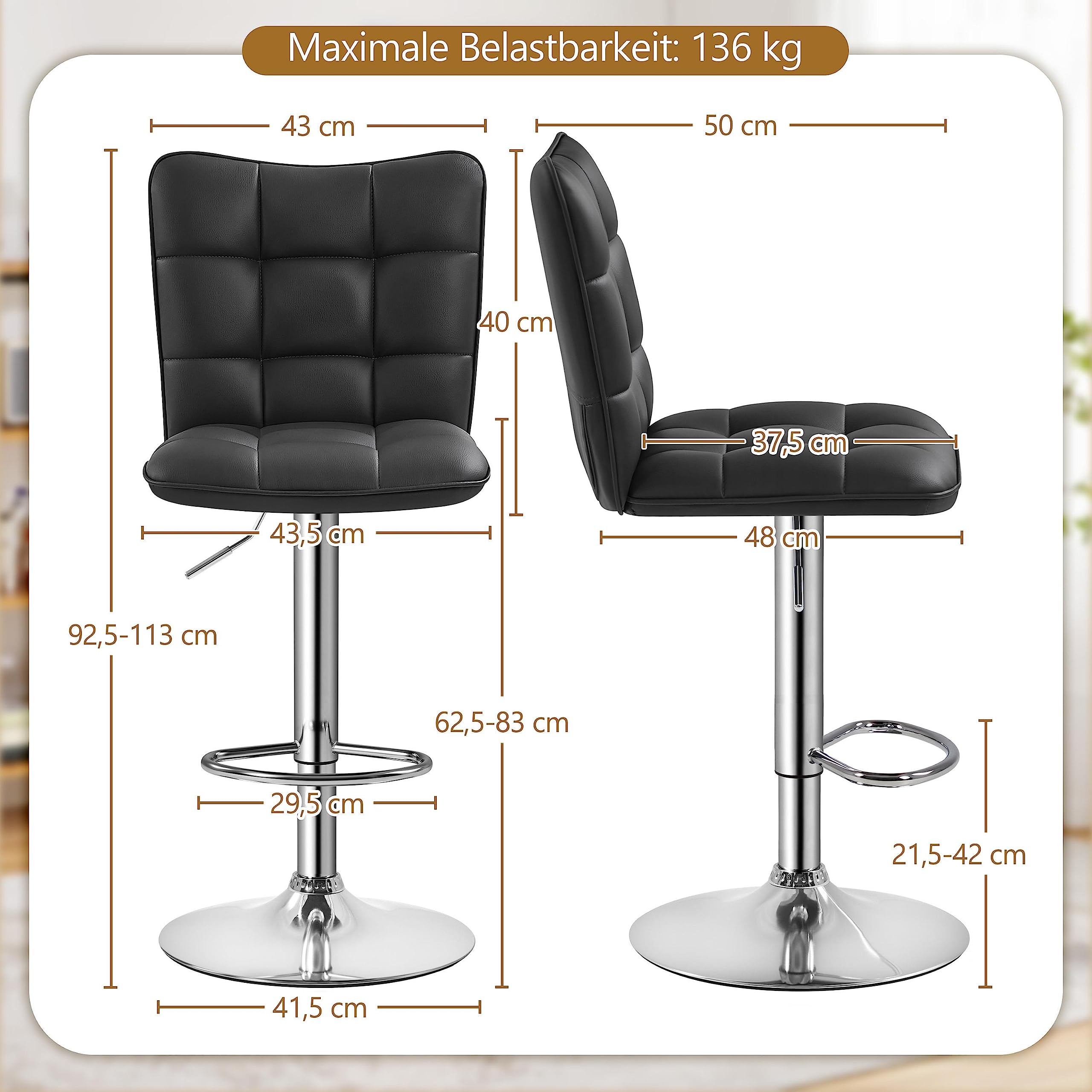 Yaheetech 2er Set Barhocker Barstühle 360°Drehbar Küchenstühle mit Rückenlehne und Fußstütze, Barstuhl PU-Kunstleder Sitzhöhe 62,5 cm - 83 cm für die Küche/Bar/Salon, Höhenverstellbar Schwarz