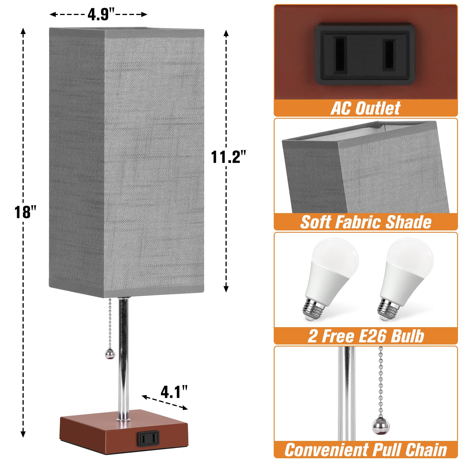 Table Lamp for Bedroom Set of 2, Bedside Lamps with 3 Color Temperatures Night Light, Lamp for Night Stands with AC Outlet and Square Shade, Pull Chain Small Desk Lamp for Living Room Home Decor