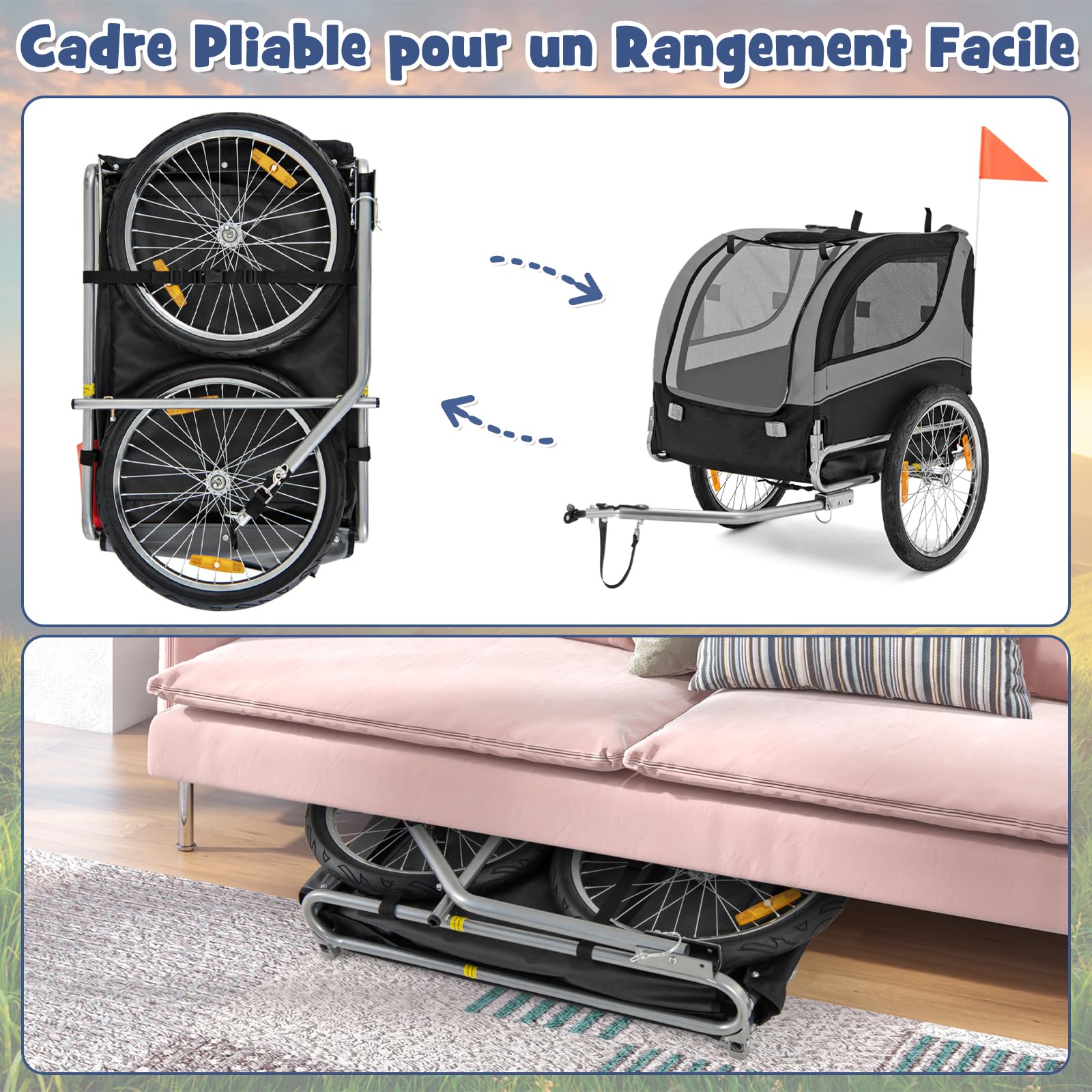 GOPLUS Remorque de Vélo pour Chien, Chariot pour Chien avec Drapeau de Sécurité, 8 Réflecteurs, Cadre Pliable, Roues à Dégagement Rapide, Convient aux Animaux, Charge Max. 40 kg (Gris)
